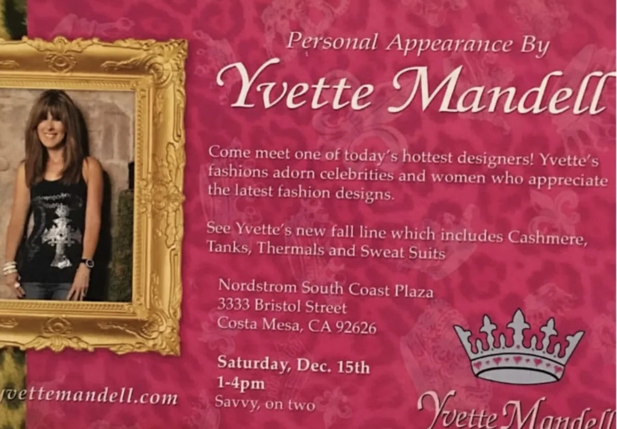 A promotional card for a personal appearance by Yvette Mandell, with a portrait in a gilt frame and the original princess crown logo
